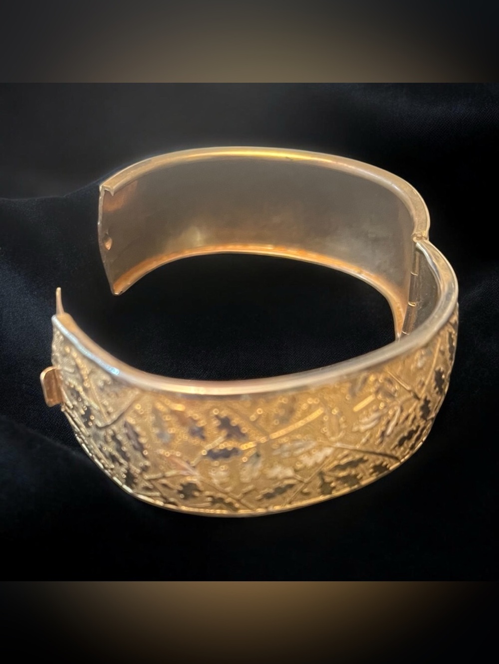 Gold Tone Floral Embossed Cuff Clamper Bracelet - Women Jewelry